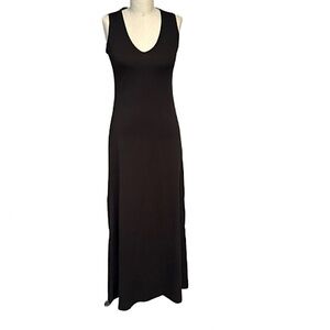 Vintage 70s black stretchy A line V neck sleeveless Maxi dress Size 7